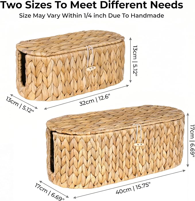 Set of 2 Cable Management Box, Handwoven Cord Hider Box with 3 Open Slots | Cable Organizer Box with Lockable Lid, Cord Storage Box to Hide Power Strip, Router, USB Hub, TV Wires for Home, Office