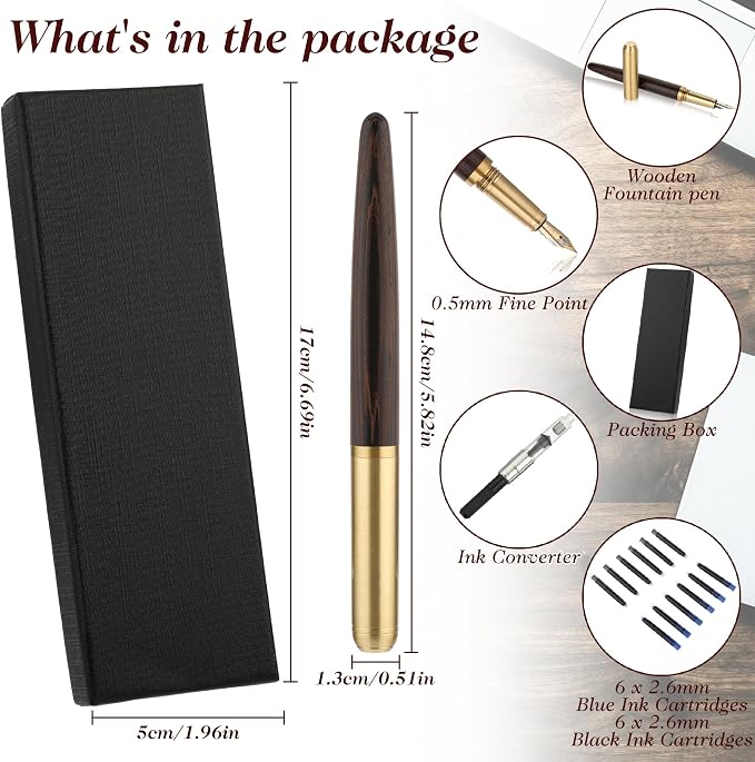 cobee Handcrafted Wooden Fountain Pens Set, Vintage Luxury Wood Fountain Pen 0.5mm Fine Point Smooth Writing Pen With 12 Ink 2.6 mm Cartridges and Gift Box for Journaling Calligraphy Supplies(C)