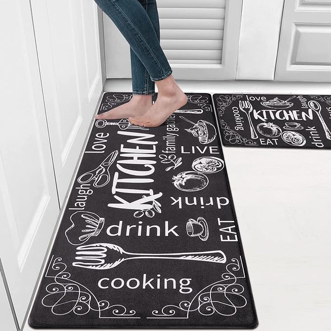 HEBE Kitchen Rugs Set of 2, Cushioned Anti Fatigue Kitchen Mats for Floor, Non Slip Waterproof Comfort Standing Desk Mat Carpet for Sink, Stove, Laundry Room, Black