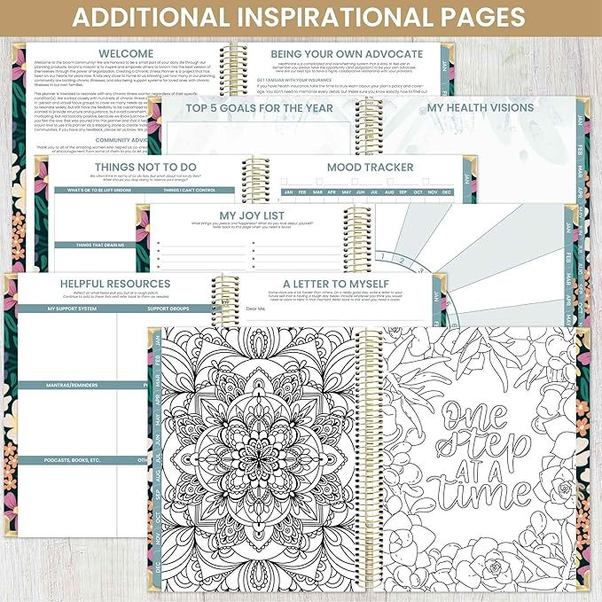 bloom daily planners Undated Chronic Illness Planner & Medical Journal - 12 Month Pain & Symptom Tracker, Mood & Medication Log, Appointment Organizer (7” x 9”) - Chronically Resilient