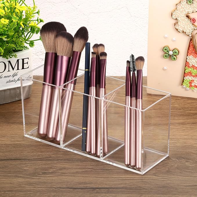 PATIKIL 3 Compartments Clear Acrylic Pen Holder, Pencil Holder Pen Organizer Pencil Cup Makeup Brush Holder Square for Countertop Desk, Transparent