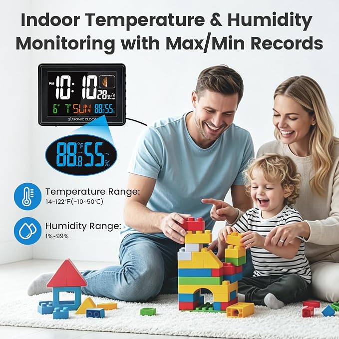 Digital Atomic Alarm Clocks for Bedrooms Battery Backup | Color Display, Self-Setting Clock, Auto DST, Indoor Temperature Humidity, Moon Phase, Calendar, Time, Day of Week, Black