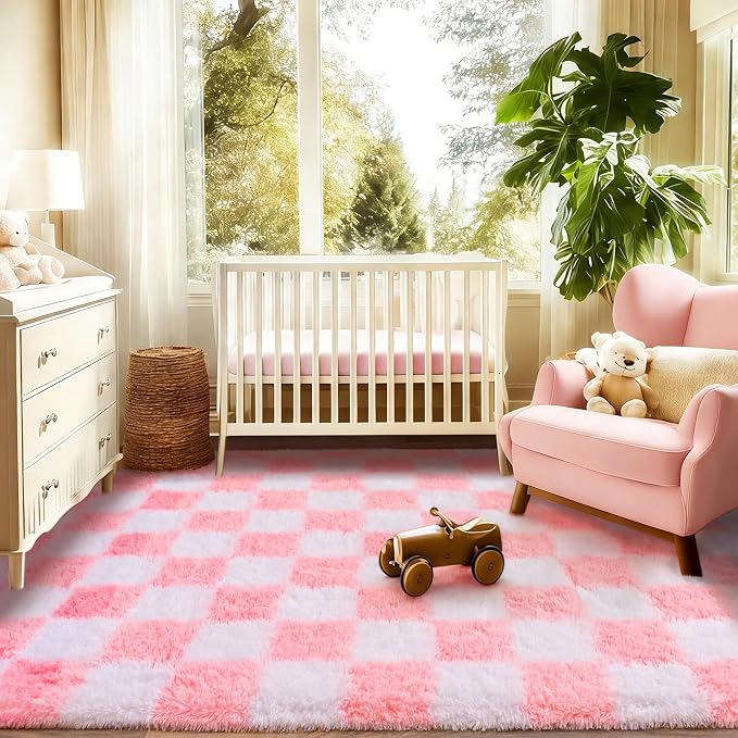 Checkered Rug for Bedroom 5x7, Ultra Fluffy Fuzzy Shag Area Rugs for Living Room, Anti-Skid Indoor High Pile Soft Rug Carpet for Living Room Bedroom Kids Room Nursery, Dorm Home Decor, Pink and White