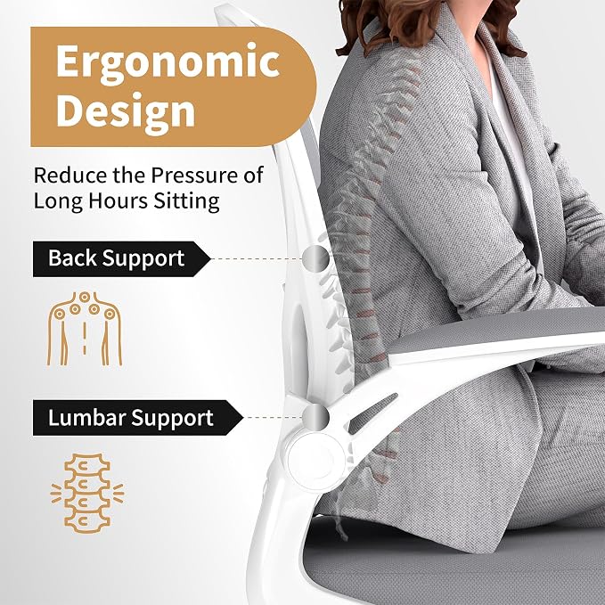 Youhauchair Adjustable Mesh Ergonomic Office Chair with Wheels, Grey | Flip-up Arms, Lumbar Support, Home Desk Chair, Height Adjustable, Breathable, Mid Back Swivel Compurter Chair, Set of 1