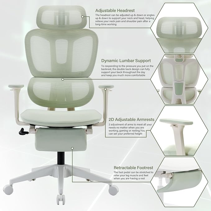 Ergonomic Office Chair with Retractable Footrest, Green | High Back Design, Dynamic Lumbar Support, 2D Headrest & 2D Armrests, Breathable Mesh Back for Home Office