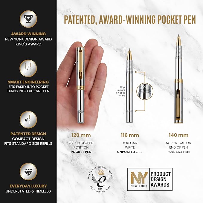 Scriveiner Silver Chrome Rollerball - Award-Winning Heavy Pocket Stunning Luxury Pen, Real Gold Finish, German Schmidt Refill, Best EDC Writing Gift Set for Men & Women, Fancy Designer EDC Roller ball