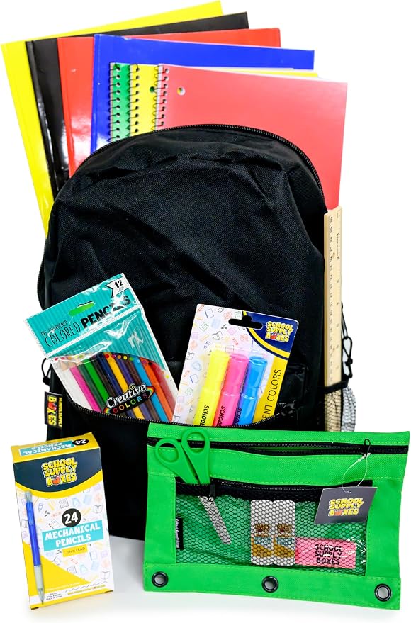 School Supply Boxes | 17" Black Backpack Bundle for Middle School | Back to School Bookbag with Supplies | Contains Pencil Pouch, Notebooks, Filler Paper, Folders, Mechanical Pencils & More