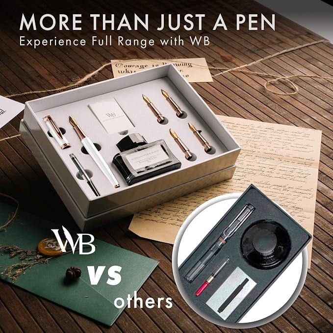 Wordsworth & Black Fountain Pen Gift Set, Includes Ink Bottle, 6 Ink Cartridges, A Refill Converter, 4 Replacement Nibs, Journaling, Calligraphy, Smooth Writing Pens [White Rose Gold]