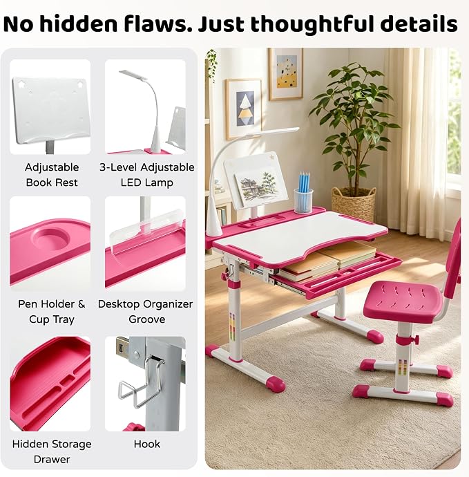 Diroan Kids Desk and Chair Set with LED Light, Height-Adjustable for Age 7+ | Ergonomic, Large 0‑45°desk, Sturdy steel frame, Storage drawer, Bookstand, Metal hook