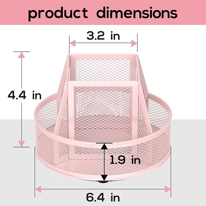 YINGHUA Metal Mesh Desk Organizer with 5 Compartments and Rotating Pencil Holder Pen and Stationery Organizer for Office Home School Anti Slip Base Pink