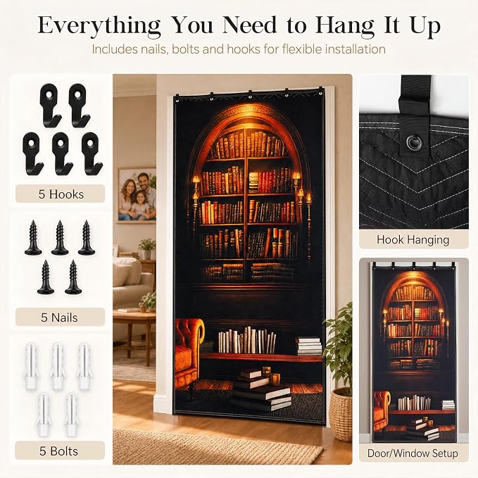 Tegeme Vintage Sound Dampening Blanket, Soundproof Curtain 80 x 48 Inch, Decorative Soundproof Blanket with Grommets for Windows, Doors, Studio Corners, Music Recording, Retro Bookshelf Printed