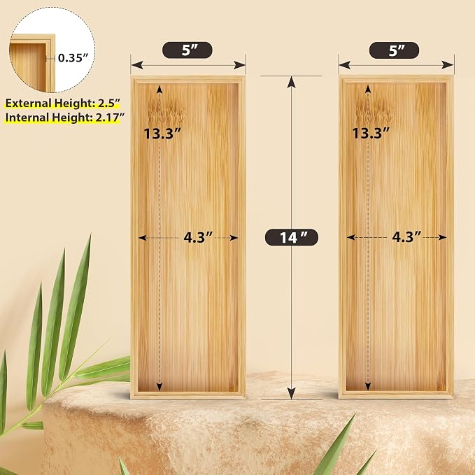 Kitchen Drawer Organizer Bins, Stackable Bamboo Deep Drawer Organizer for Silverware, Utensils, Cutlery, Flatware, Junk Drawer, Dresser, Bathroom, 14" x 5" x 2.5" (Set of 2)