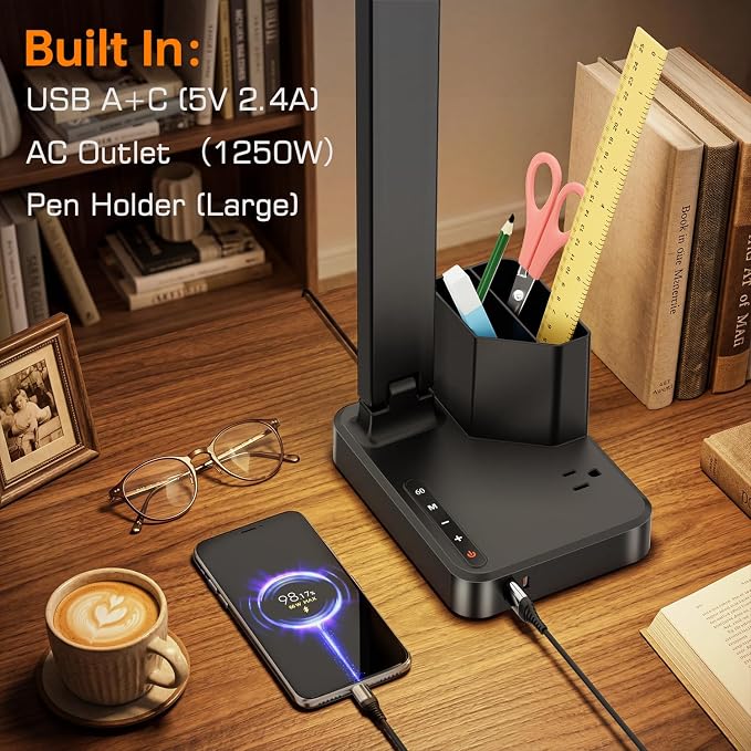 cozoo LED Desk Lamps for Home Office, Modern Dimmable Eye Cariing Desk Light with USB Charging Ports AC Outlet, Pen Holder,Touch/Memory/Timer, Kids Small Table Lamp for Reading, Bedroom, Study, Craft