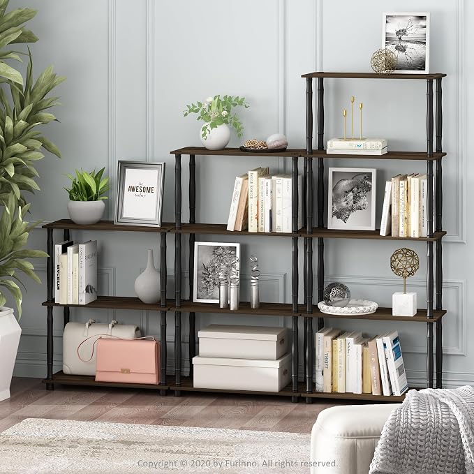 Furinno TURN-N-TUBE Storage Shelves, 3-Tier Book Shelf, Corner Shelf, Toolless Open Shelves, for Organization and Storage, Living Room, Garage, Home Office, Columbia Walnut