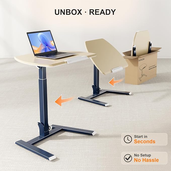 ROMOON Foldable Standing Desk with No-Assembly Design, Rolling Height-Adjustable Sit-Stand Table with Wheels, Space-Saving Portable Laptop Cart for Home Office and Small Space (Oat Yellow)