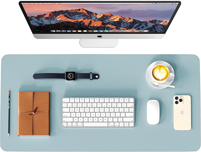 WAYBER Leather Desk Pad Protector, Waterproof Mouse Pad, PU Desk Mat, Office Desk Cover, Desk Writing Mat for Office/Home/Work/Cubicle (Light Blue/Silver) 35.4 x 17in