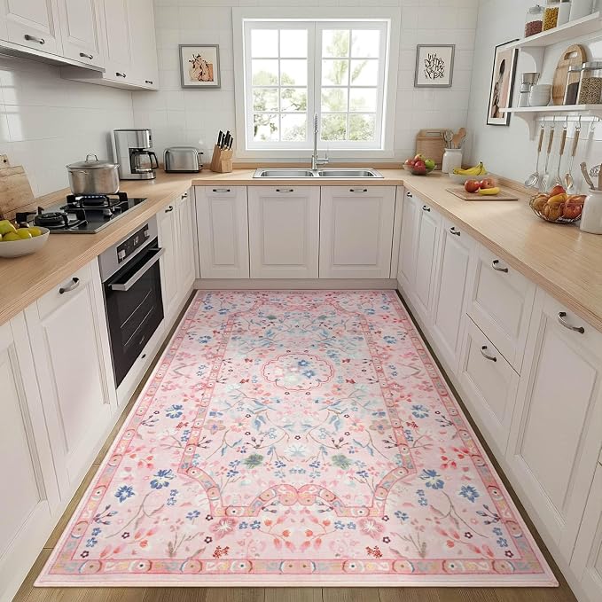 3x5 Area Rugs for Bedroom, Pink Machine Washable Rug, Non-Slip Low Pile Throw Rugs with Rubber Backing Printed Vintage Floral Carpet for Living Room Dining Room Kitchen Home Decor