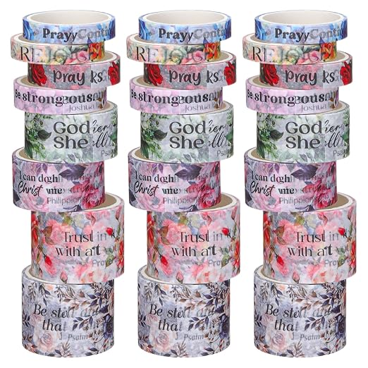 24 Rolls Back to School Christian Washi Tape Gifts Bulk Graduation VBS Religious Scripture Watercolor Flowers Bible Verse Washi Tape for Bible Journaling Crafting Students Study Stationery