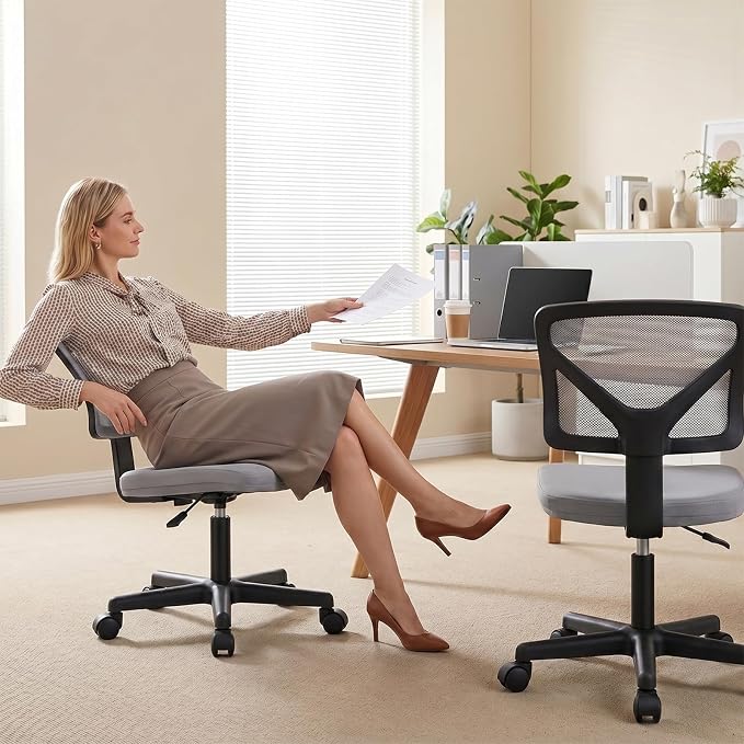 OLIXIS Armless Office Chair, Ergonomic Desk Chair with Wheels, Mesh Back, Removable Washable Foam Cushion, Height Adjustable Rolling Swivel Chairs for Small Space, Home, Office, Grey