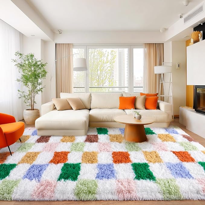 Area Rugs for Living Room 8x10, Ultra Fluffy Shag Checkered Rug Modern Washable Carpet Soft Shaggy Non Slip Indoor Plush Rugs for Bedroom Dorm Office Home Aesthetic Decor, Green and Orange Colorful