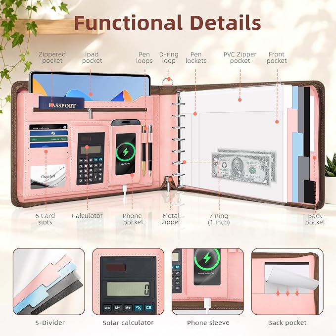 Ospelelf Pink Zippered 7 Ring Check Binder for Business Checks (9" x 13"), 1 Inch Faux Leather Checkbook Portfolio with Zipper Pouch, Professional Binder Organizer for Accountants, Home Use