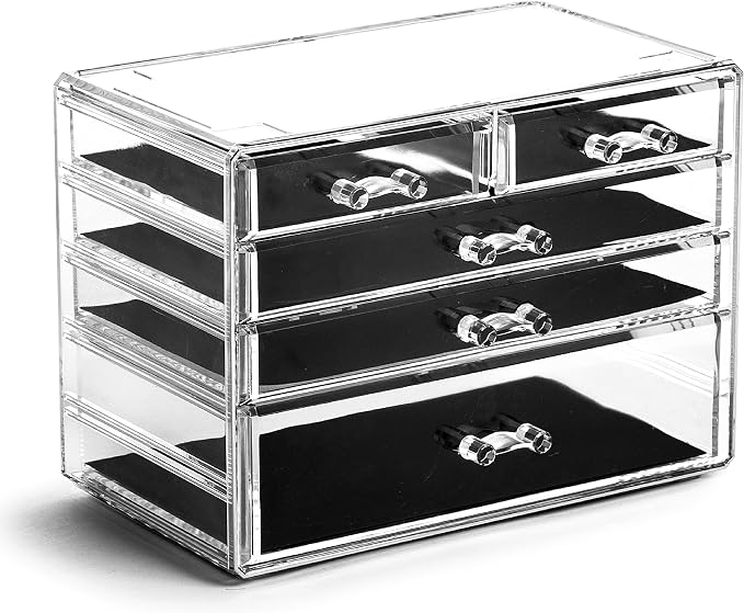 BINO THE MANHATTAN SERIES Acrylic Makeup Drawer Organizer-3 Large 2 Small Drawer | Clear Beauty Organizers and Storage| Cosmetic & Makeup Organizer | Home Organization| Jewelry & Vanity Accessories