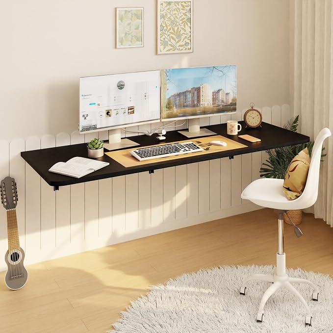IAE Wall Mounted Floating Foldable Desk, 55" x 22" Folding Computer Workstation Table with Engineered Wood and Metal Shelf Brackets,Fold&Floating Design for Home Office, Apartment,Laundry Room,Black