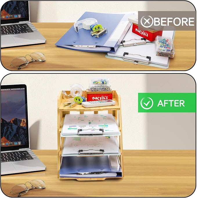 ZAVOOS Wood Paper Organizer for Desk, 4 Tier Bamboo Letter Tray File Folder, Mail Sorter Shelf Document Storage Rack Holder for Home, Workplace, Office Supplies Desk Accessories