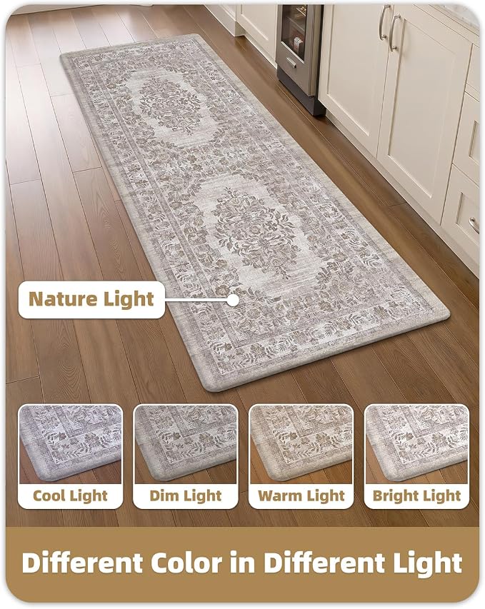 Color&Geometry Kitchen Floor Mat 24x59 Faded Vintage Anti Fatigue, Khaki | 0.4in Cushion Standing Mat For Cooking/Working/Laundry, Boho Decor, Non Slip PVC Kitchen Rug, Oil/Water Proof, Anti Slip