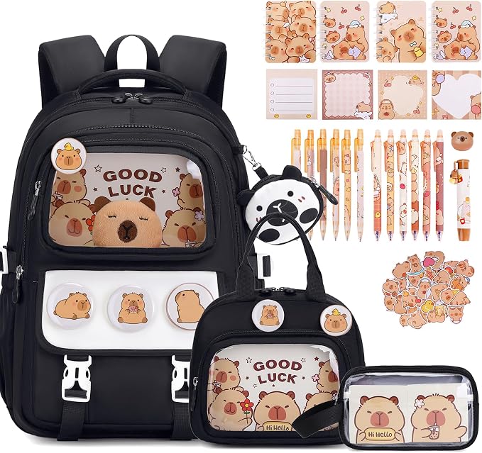 Capybara Backpack for School Girls, 30PCS Capybara Gifts School Supplies Stationery Set with Lunch Box Pencil Case Pens Pencils Notebook Cartoon for Kindergarten Elementary Student(Black)