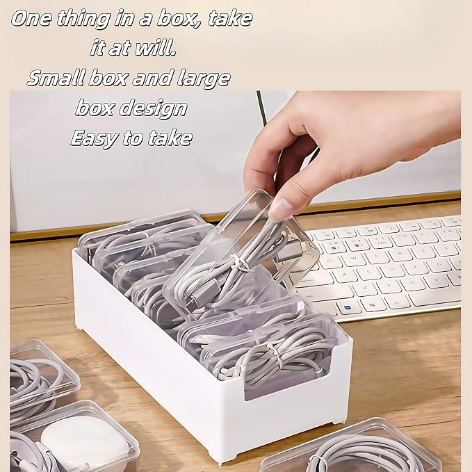 7 Grid Clear Cable Organizer Box with Switch for Desktop Cord Storage | Office desktop use, home wire sorting, stationery storage, detachable dividers, tidy cable arrangement