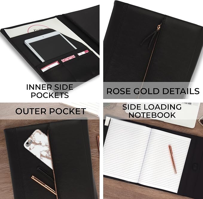 Samsill Professional Faux-Leather Padfolio for Women with Magnetic Flap Closure, Pen Loop and Side-Loading Notepad, Black