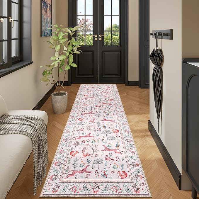 DUKINO 2x6 Rug for Hallway, Washable Kitchen Runner Rug with Non Slip Backing, Soft Low Pile Vintage Animal Runner for Bedroom, Kitchen, Hallway, Entryway, Laundry, Pink