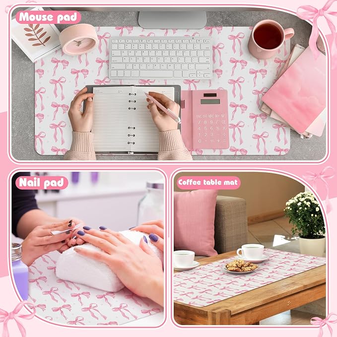 Teenyyou Coquette Bow Makeup Mat for Vanity Top Protector Back to School Gift 31.5" X15.7" Dual Side Leather Desk Mouse Pad Girly Waterproof Nonstick Dressing Vanity Cover for Women Home Office
