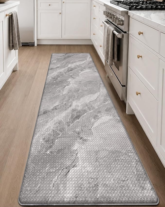 Color&Geometry Kitchen Mats for Floor 24x87 Grey Marble Design | Non Slip Kitchen Runner, Easy Clean, Oil/Water Proof, 0.4in Thick Antifatigue Standing Mat For Laundry/Office, Home Decor