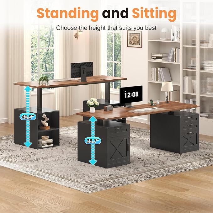 YOMILUVE 60" Farmhouse Electric Standing Desk with Drawers for Home Office | Height Adjustable Computer Desk with 4 Drawers & Storage Shelves, Wood Sit Stand Desk with Power Outlets for Work, Study