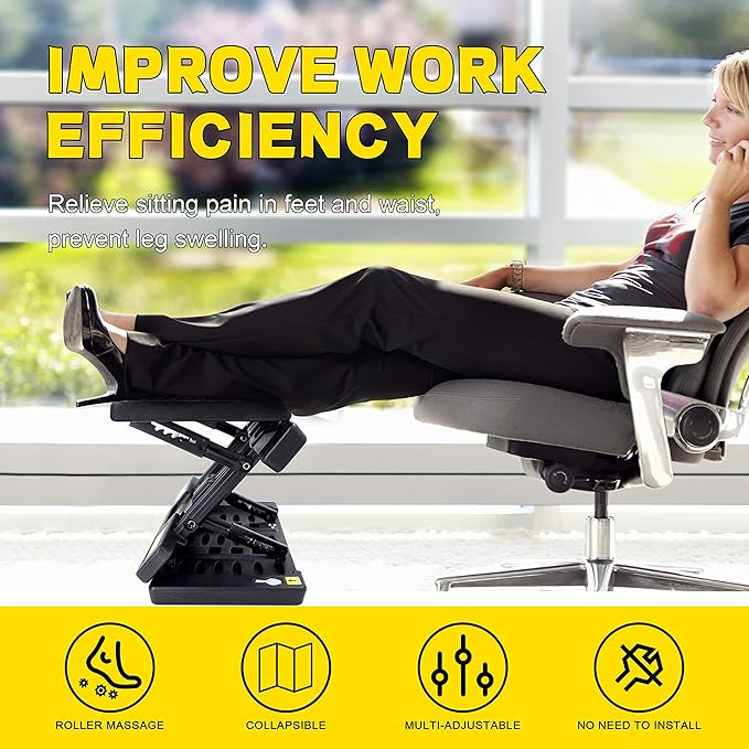 Foot Rest for Under Desk at Work,Height Adjustable Footrest with Massage Roller and Thick Cushion,Ergonomic Foot Rest for Car,Office,Home,Train,Travel,Gaming,Sturdy Metal Frame All-Season Use