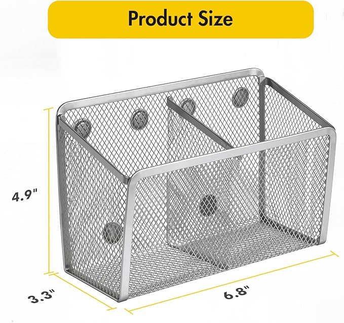 BEYGORM Magnetic Dry Erase Marker Holder for Whiteboard, Mesh Pen & Pencil Holder for Refrigerator, Strong Magnetic Basket for School Locker, Office & Classroom Organizer (Silver, 1-Pack)