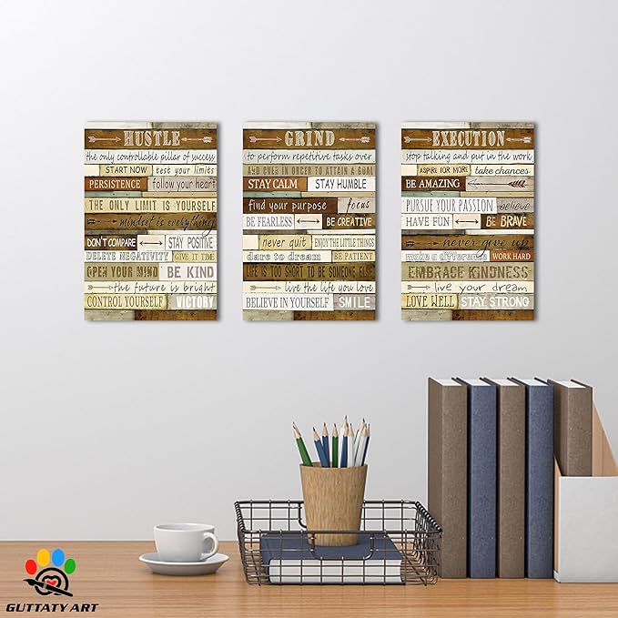 3 Piece Inspirational Wall Art, Motivational Quotes Canvas Art Prints for Gym Decor, Office Wall Art HUSTLE GRIND EXECUTION Pictures, Inspiring Poster Framed Artwork for Home Office Decor 12”x18”x3Pcs