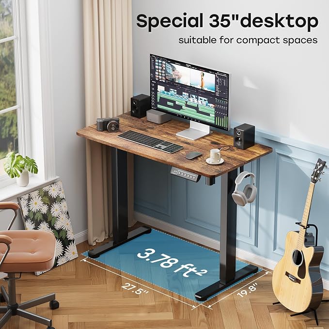 Small Electric Standing Desk, 35" ×20" Standing Table, Height Adjustable Compact Sit Stand Workstation with Splice Board, Home Office Desk with 2 Hooks, Rustic Brown