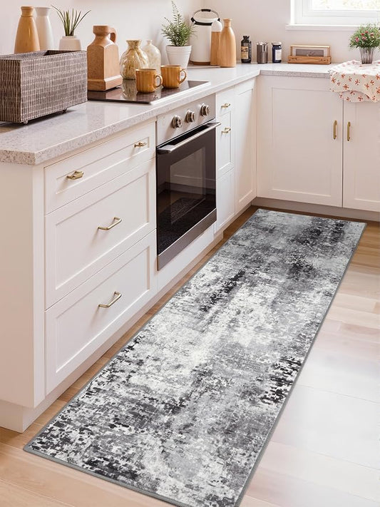 Macgace Washable Abstract Runner Rug, 2x6 Modern Area Rugs with Non-Slip Rubber Backed for Kitchen, Thin but Soft Contemporary Carpet Bedroom Entryway Hallway Decor, Dark Grey