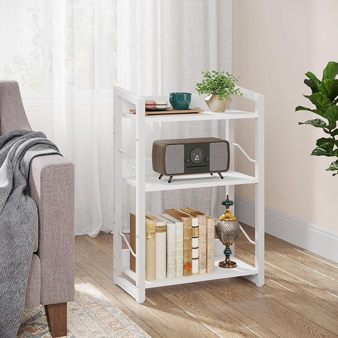 Hosfais Book Shelf Small Bookshelf - 3-Tier Wood Bookcase Industrial Bookshelf Metal Narrow Bookcase Storage Organizer Display Rack for Bedroom Living Room Home Office (White)