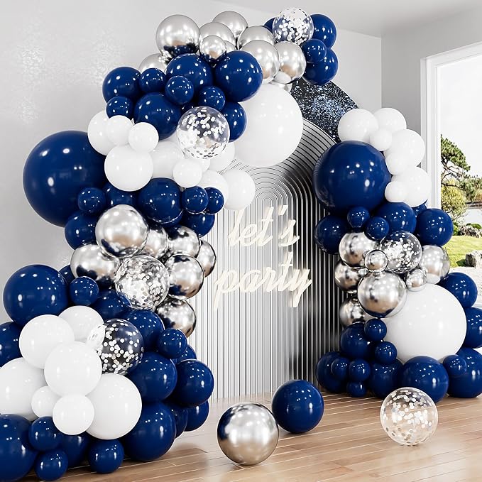 Navy Blue and Silver Balloons Garland Arch Kit, 134 Pcs Father's Day Balloons, White Navy Blue and Silver Balloons with Confetti Latex Balloons for Father Day, Birthday Grad Baby Shower Wedding Decor