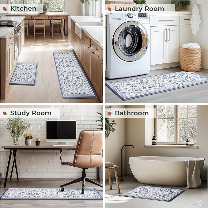 FRESHMINT Vintage Floral Kitchen Mats Set, 17x30''+17x47'', Porcelain Blue | Anti-Fatigue, Non Slip, Comfort, Kitchen Decor, Easy to Clean, Waterproof, Perfect for Kitchen, Laundry, Office