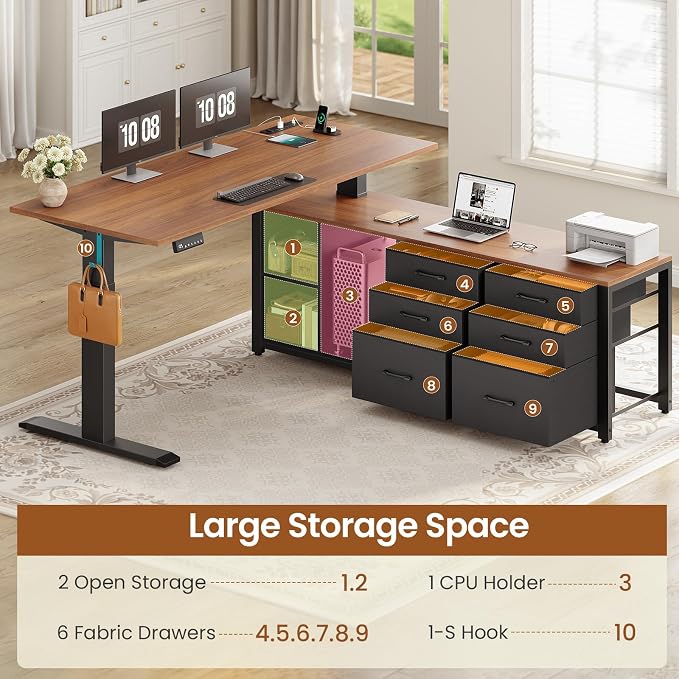 SEDETA L Shaped Electric Standing Desk, 55" x 55" Height Adjustable Corner Office Desk with 6 Fabric Drawers and Storage Shelves, Stand up Home Office Desk with Power Outlet, Black and Brown