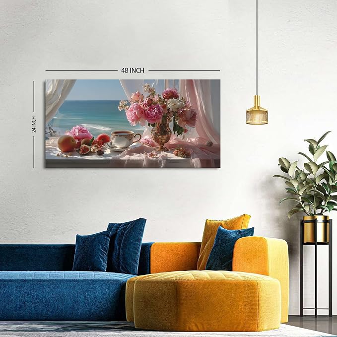 Vintage Pink Flower Wall Art Retro Flowers in Golden Vase Pictures Blue Ocean Coastal Landscape Canvas Prints Blossom Painting Poster Floral Artwork for Living Room Bathroom Home Decoration 24x48"