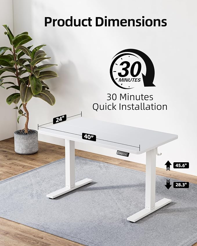TIQLAB Height Adjustable Electric Standing Desk, 40 x 24 inch, Sit Stand Up Desk, Splice Board, Computer Home Office Desk, White Top