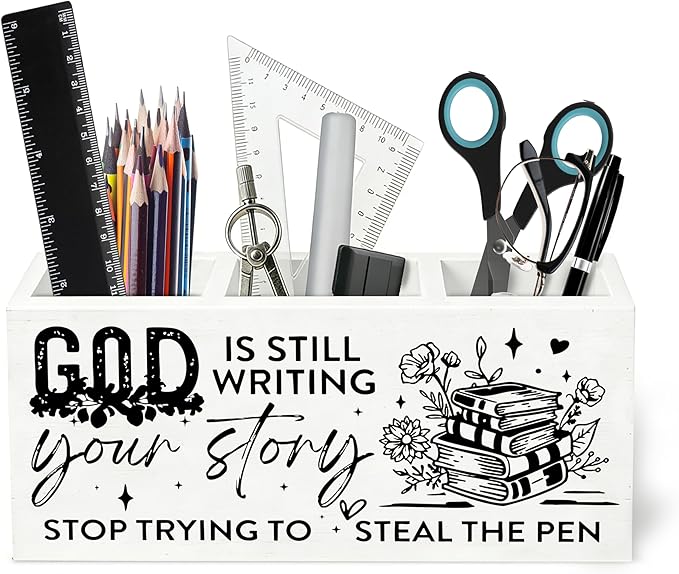Christian Floral Book Wooden Pen Holder for Desk, God Is Still Writing Your Story Bible Verse Religious Pencil Organizer Wooden Box Sign for Home Office Girls Bedroom Decoration