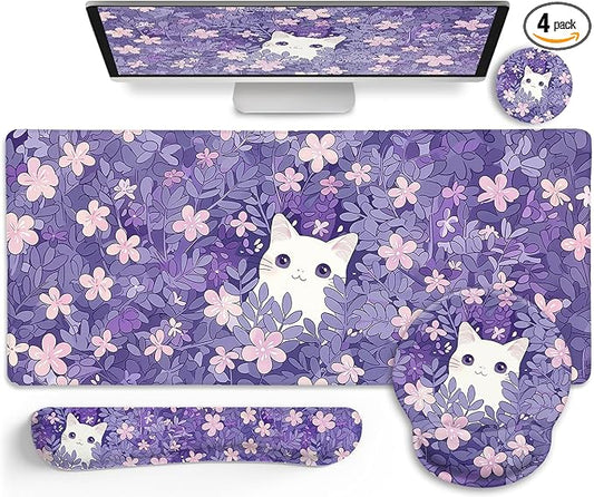 LIMKRIAN Purple Mouse Pad Large Desk Mat Set, Kawaii Cat Computer Mouse Pad with Wrist Rest Keyboard Wrist Support XXL Mousepad Cup Coaster Set, Cute Purple Office Desk Accessories Cat Decor Supplies