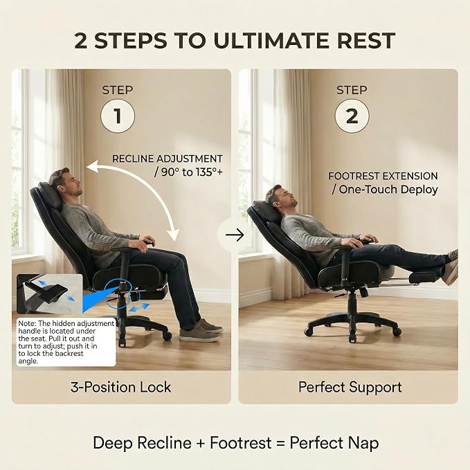 EXCEBET Big and Tall Office Chair 500lbs - 22.4" Extra Wide Seat Ergonomic Executive Chair, Heavy Duty High Back Leather Office Chair with Footrest, Lumbar Support & Adjustable Arm (All Black)
